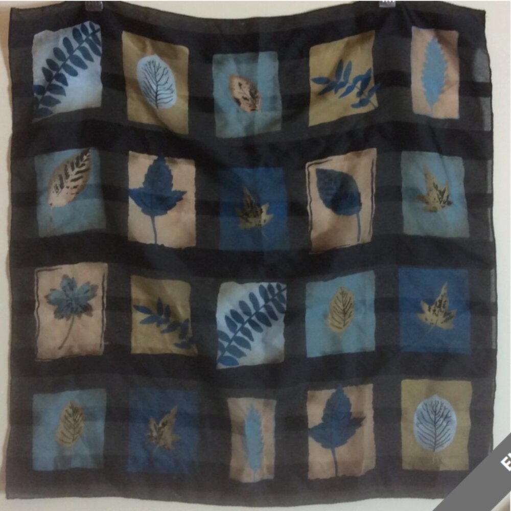 Black Blue Tan Leaf Scarf So Leaves Neck Wrap or Bag Tie